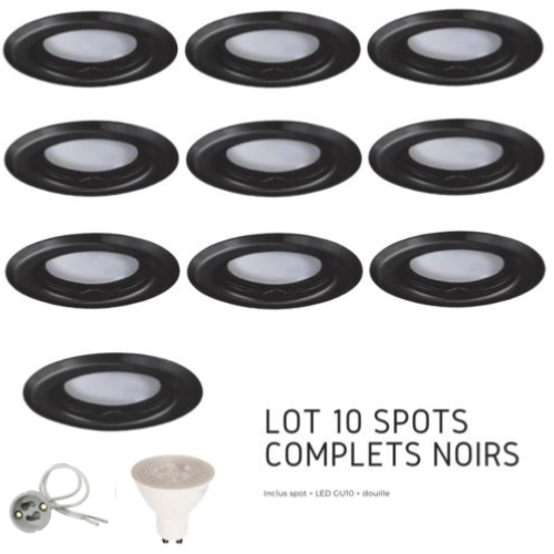 Lot de 10 spots Led GU10 encastrables noirs Led 6.5W rendu 50W 100° blanc chaud