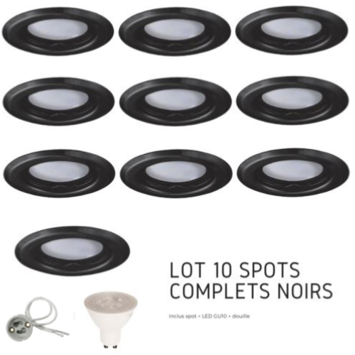 Lot 10 spots Led GU10 encastrables noirs Led 6.5W rendu 50W 100° blanc neutre.